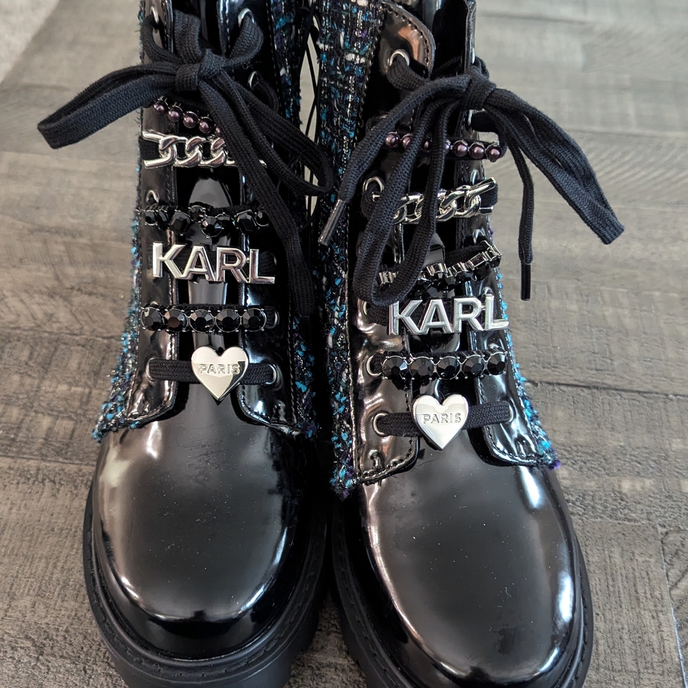 Karl Lagerfeld Black Combat Boots with Glossy Finish